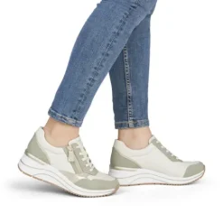 Remonte White and Sage Wide Fit Wedge Trainer|D0T0182